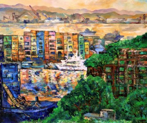 蔡昀庭 - 正濱港灣 媒材： 油彩 尺寸： 2 0 F 年代： 2 0 2 2
創作理念
描繪正濱漁港黃昏景色， 運用厚疊的技法描繪港口夕陽與倒影。遠方的天空與彩色屋映照著波光粼粼絢麗的倒影、漁港四周景物互相融合。作品呈現對於正濱漁港所感觸印象深刻的歷史底蘊、人文特色。