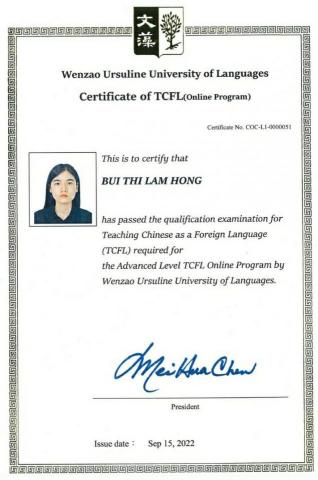 Lam  - Certificate of Teaching Chinese as a Foreign Language (Online)