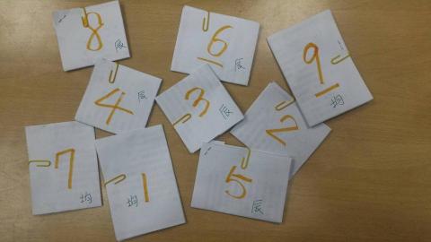 古嘉 - 學生兩人時的教學活動，九號球遊戲。輪流答題，該題目紙內的題目全答對就代表球進洞，看誰擊落最多球以及誰擊落九號球。