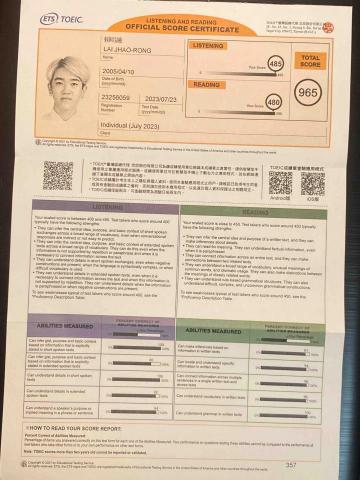 賴昭融 - 這次考試沒有購買證書，所以只有成績單