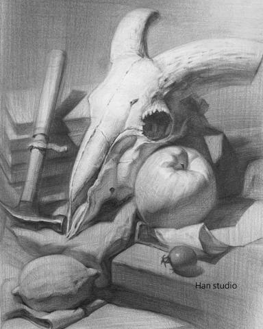 Han studio  邱柏翰 - 牛骨靜物素描明暗配置課堂示範