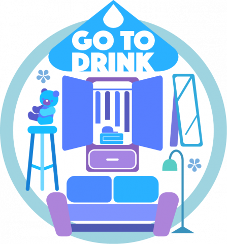 AK個人繪畫工作室 - AR辨識圖設計：GO TO DRINK
「GoToDrink」是一款AR辨識的一款小遊戲，其要素是水與家具且因AR辨識圖是以圖的外型為感應，所以就以多種家具形成一個水滴的外型做為設計形式，顏色並以冷色調為主。