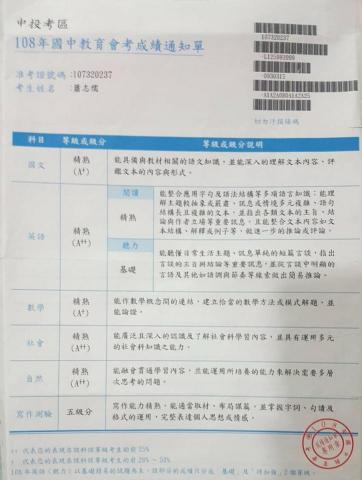 蕭志儒 - 108年會考成績單