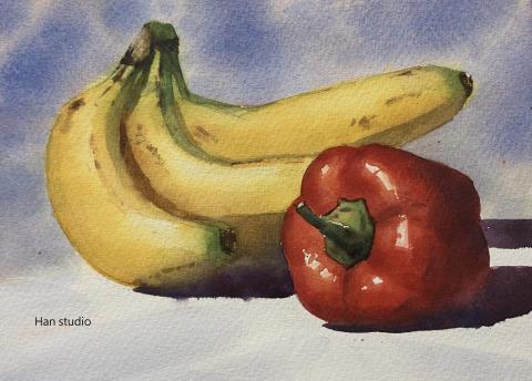 Han studio  邱柏翰 - 靜物水彩三色上課示範，訓練水分、調色、濃度等控制。