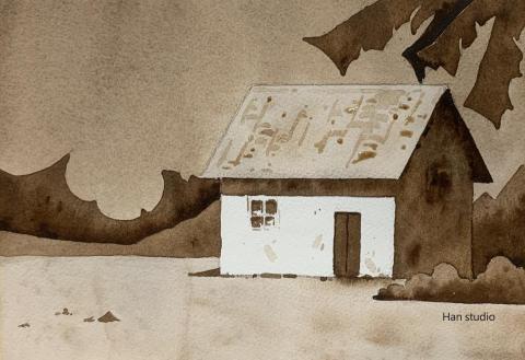 Han studio  邱柏翰 - 單色風景水彩課堂示範，訓練切色塊、點濃色、重疊等操作練習