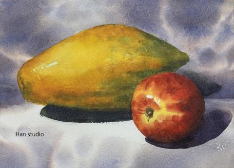 Han studio  邱柏翰 - 靜物水彩三色上課示範，訓練水分、調色、濃度等控制。