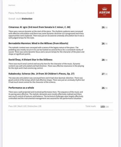 怡萱老師—鋼琴/長笛/樂理 - 國外英國皇家檢定 鋼琴第五級 成績特優