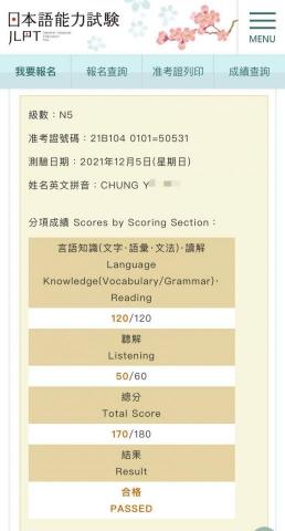 洪淳瀅 - 2021年B學生考過N5的成績
