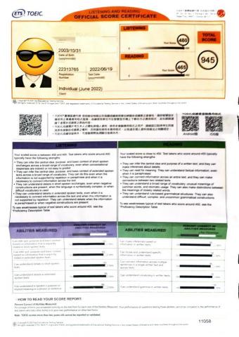 Peter 彼得 - 多益 945分 成績單