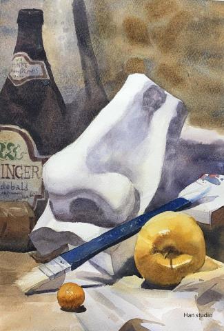 Han studio  邱柏翰 - 組合靜物水彩課堂示範 ，強化亮卡暗構圖，訓練水分顏料濃度控制