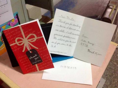 Junjie Lin - 網球學員返美前給俊傑老師的感謝卡