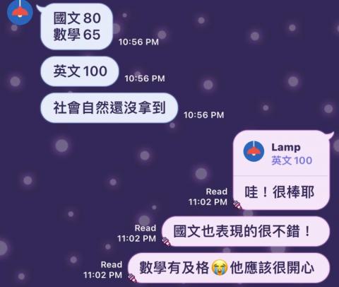 莊凱筑 - 小朋友之前考期中、期末考試都不及格，結果第一次段考完後，國、英、數都及格了！其中一科還100