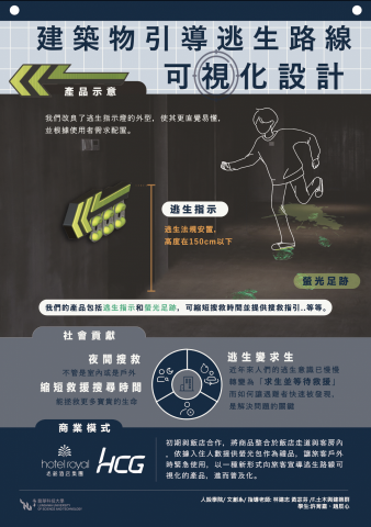 許育嘉 - 重新設計過的逃生指示燈，外觀更為直覺化，同時新增螢光劑的功能，逃生過程中可以取下踩破使其沾附在腳底，讓救難人員可以依循腳印找到逃生者，增加救援成功率。
此作品獲得全國專題競賽佳作之成績