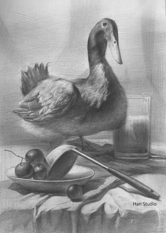 Han studio  邱柏翰 - 毛皮質感組合靜物課堂示範，帶著學員練習毛質感及物件之間強度配置。