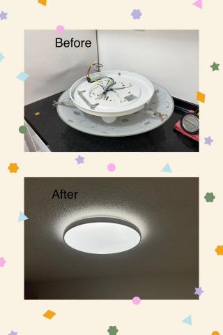 養元水電 - 客戶房間內舊有的燈泡吸頂燈，更換成LED新樣式的吸頂燈，整體亮度提升