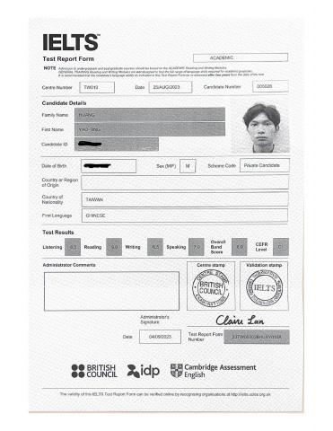 黃耀霆 - IELTS Academic Band 8.0/9.0