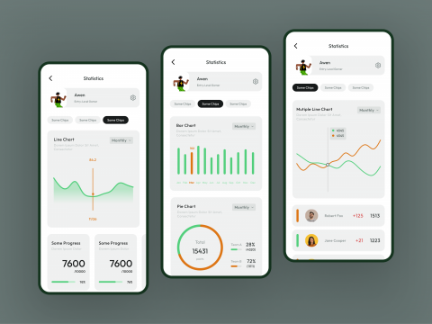 Awen Design 阿文設計 - 健康/運動生活紀錄app，數據報表呈現使用者之統計資訊，並以活潑跳色使整體介面呈現資訊而不顯乏味