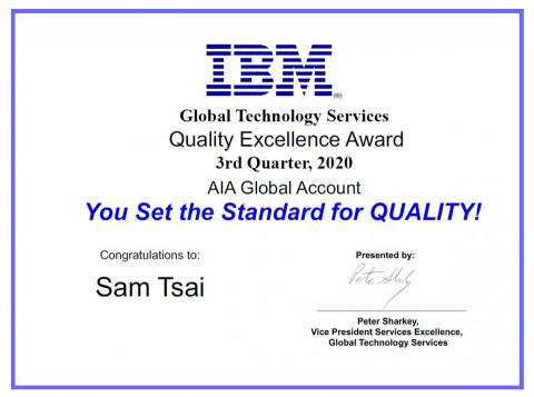 蔡智豪 - 2020 3Q, 在大中華區得到工作品質最優異獎