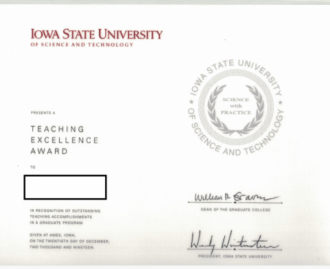 BC_Academic_Writing - Teaching Excellence Award, granted by Iowa State University, IA, USA.