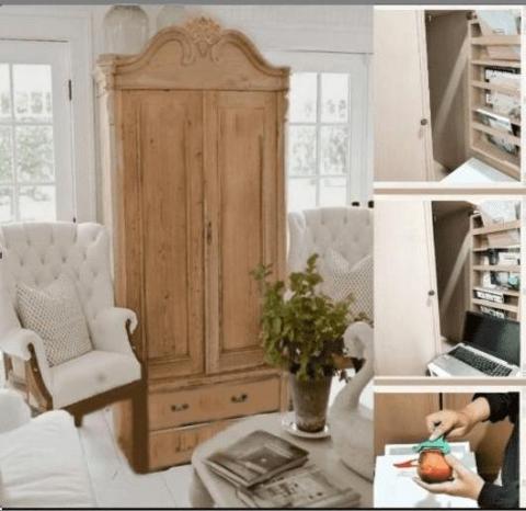 法式多功能櫥櫃坊 - 這是為房東做的  因為套房空間小 我做了三合一的家具 可折疊的桌子 收納不佔空間 可當書桌 工作桌 煮蔡桌 旁邊還有一個格子可放沾板 