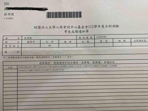 阿咪 - 112年度化學分科報考成績