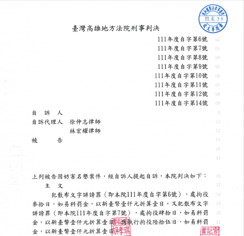 林宏耀律師 - 為告訴人就遭妨害名譽事件成功取的被告有罪自訴判決