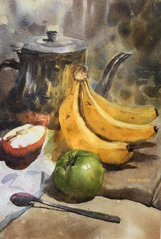 Han studio  邱柏翰 - 水果亮色組合靜物練習，先染一層後在底色上建立形狀