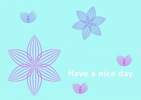 李小軒 - 線條卡片
使用鋼筆工具畫線條拉出葉片感覺，按鏡射工具畫出右線條，在用漸變工具點線條並旋轉畫出花朵放入背景，打上文字