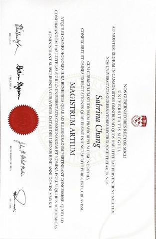 Sabrina Chang - McGill University 畢業證書