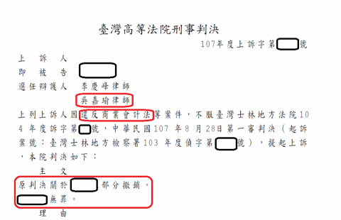 吳嘉瑜律師 - 二審撤銷改判無罪確定案例