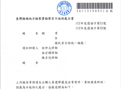 林宏耀律師 - 為高市賴前議員被訴賄選一案成功爭取不起訴