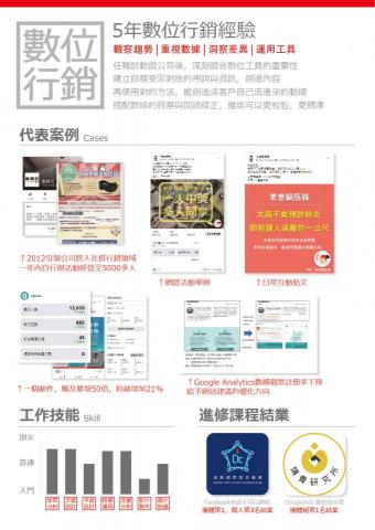 Elvis Chan  - 5年數位行銷經驗
觀察趨勢 | 重視數據 | 洞察差異 | 運用工具 
任職於軟體公司後,更深刻體會數位工具的重要性
建立目標受眾對應的用詞與資訊,創造內容
再使用對的方法,能創造讓客戶自己流進來的動線
搭配數據的觀察與回饋修正,推廣可以更輕鬆,更精準 Elvis Chan  - 5年數位行銷經驗
觀察趨勢 | 重視數據 | 洞察差異 | 運用工具 
任職於軟體公司後,更深刻體會數位工具的重要性
建立目標受眾對應的用詞與資訊,創造內容
再使用對的方法,能創造讓客戶自己流進來的動線
搭配數據的觀察與回饋修正,推廣可以更輕鬆,更精準