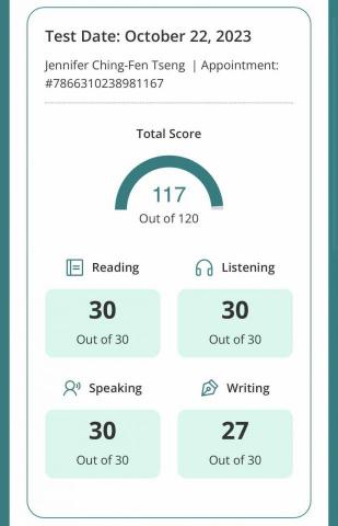 曾慶芬 Jennifer - 我的托福成績單～