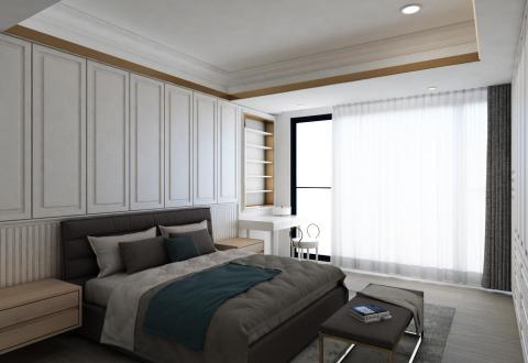 默語空間設計-莫皓哲 - 造型床頭背牆延伸至一旁的化妝台，讓整體的畫面更加和諧。