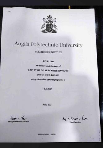 Peggyliao - 畢業於英國安格麗亞大學音樂學士畢業證書