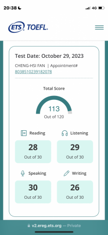范正曦 - TOEFL成績單