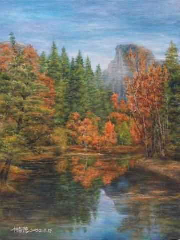 林容德 藝術家 - 美國優勝美地樹林河流  林容德 繪畫