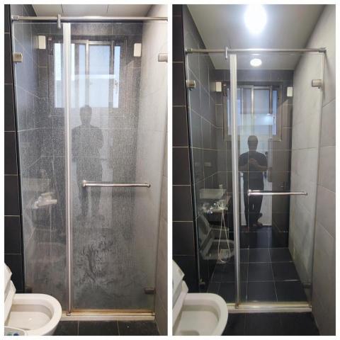 芯美清潔 - 玻璃水垢清潔 左為清潔前 右為清潔後