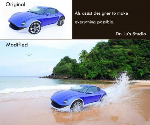 盧博設計工坊 - 此AI新應用也可以把工業設計作品，例如汽車單體，拓展成實際體驗的逼真場景照，任何體驗場景都可以依需要設計，在概念設計之初，就能逼真出擬真的實際應用效果圖，如圖，將[徜徉的喜悅]工業設計作品的藍鯨意象的汽車，讓它奔馳在熱帶海島的海濱沙灘上，將海水揚起，濺起滿滿水花，展現快樂玩水的藍鯨。