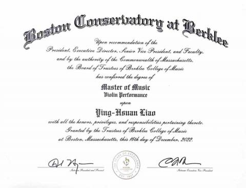 廖盈瑄/小提琴、鋼琴、聽寫樂理、比賽檢定升學考、留學顧問 - 研究所畢業證書