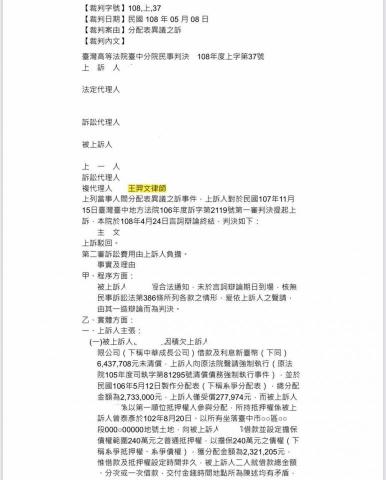 王羿文律師事務所 - 民事案例：成功爭取駁回對造請求分配表異議之訴。
