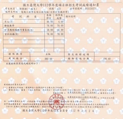 謝秉穎 - 台大電機系丙組碩士班考試成績單正取第六名