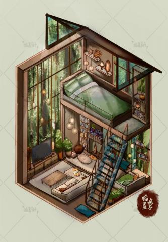 許曉娟 - 平板繪畫（正方形房間）插畫，樓中樓