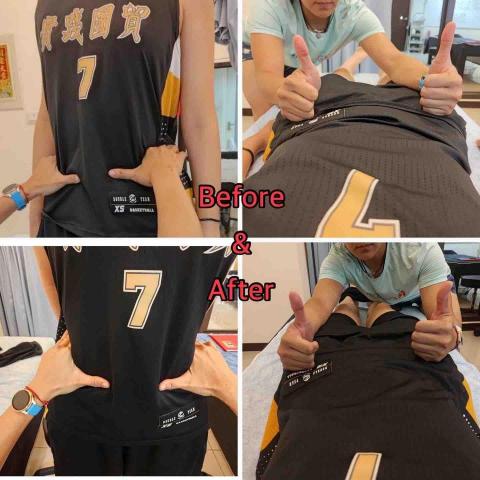 賴妤捷 - 因椎間盤突出導致腰酸前來放鬆
檢測後因肌肉張力不平均導致骨盆高低＋扭轉，進行1hr腰部和腿部放鬆後得到輕鬆的身體