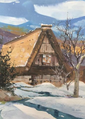 Han studio  邱柏翰 - 合掌村不透明水彩表現，安排色塊及動線