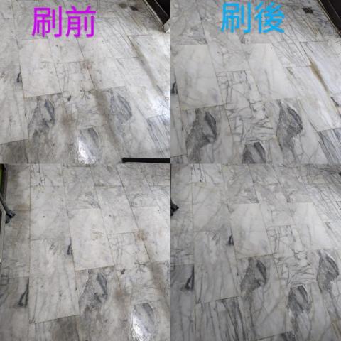 周盈坊 個人居家清潔 - 客戶一樓地板已陳年未清，累積很厚的污垢，從灰黑色刷回原本的白色磁磚