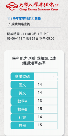 蔡易達 - 學測成績通知