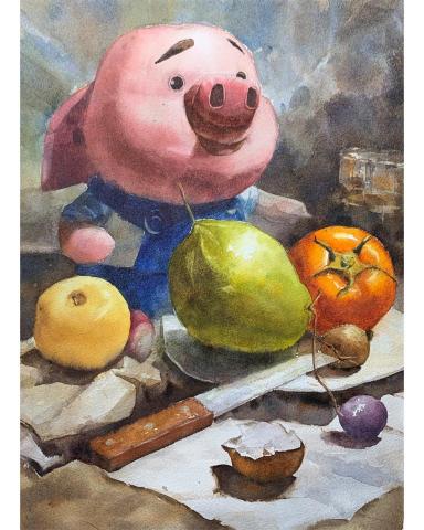 Han studio  邱柏翰 - 娃娃靜物組合，冷暖色層次交互重疊