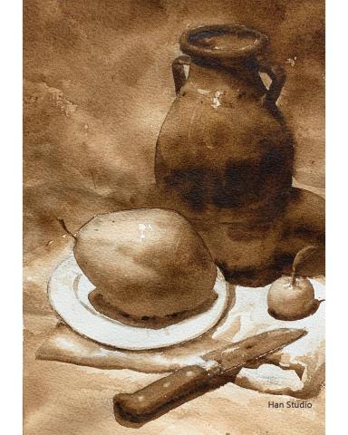 Han studio  邱柏翰 - 單色水彩靜物，適合檢視各物件明暗、色塊分配得宜
