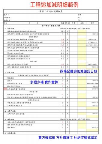 家瑞室內裝修 - 工程追加減明細範例